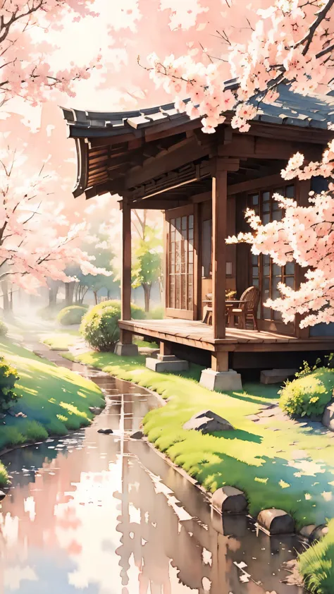 (masterpiece:1.2, Highest quality),(Super detailed),((Watercolor)),8K,wallpaper,Japanese garden,spring
