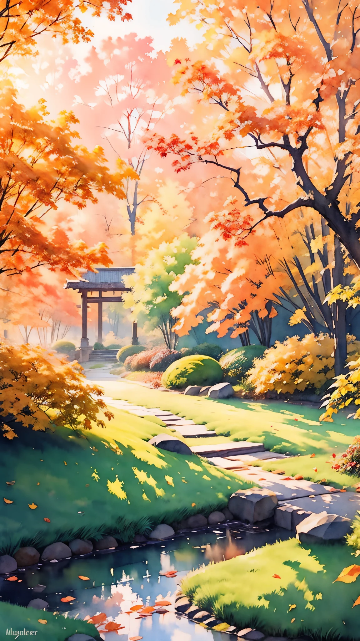 (Obra maestra:1.2, de la máxima calidad),(súper detallado),((acuarela)),8k,fondo de pantalla,jardín japonés,otoño
