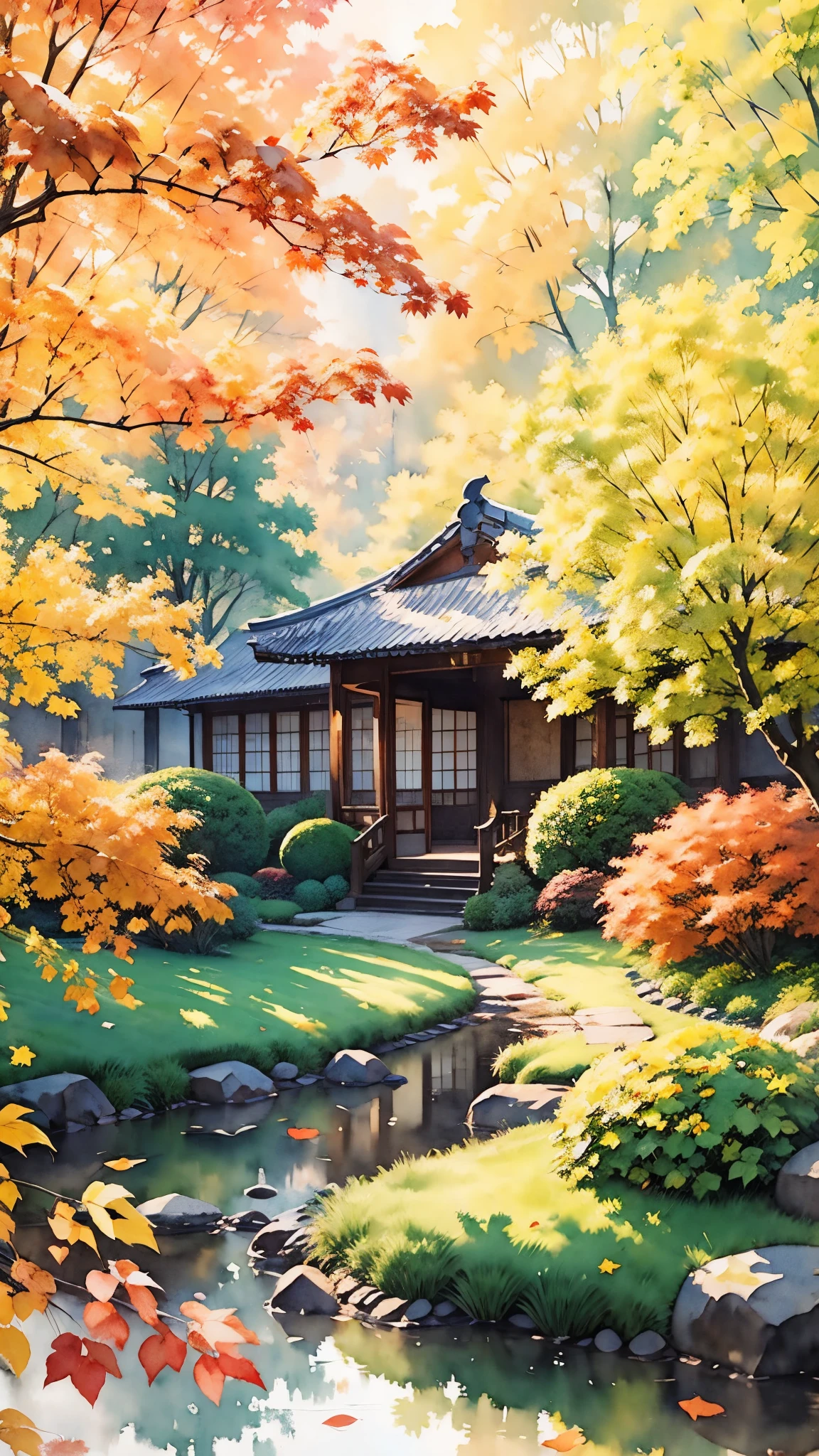 (Obra de arte:1.2, mais alta qualidade),(Super detalhado),((aquarela)),8K,papel de parede,Jardim japonês,outono
