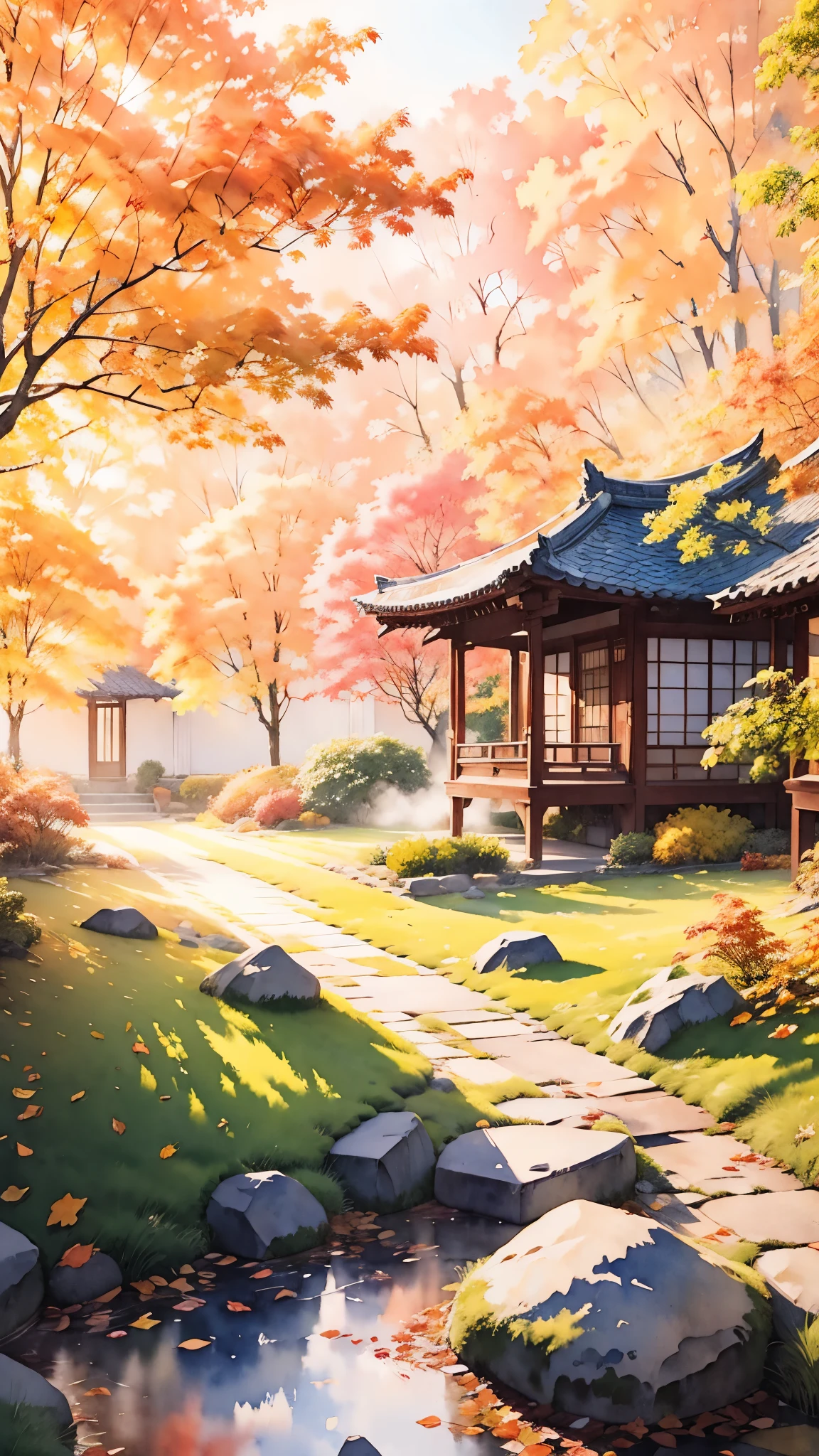 (걸작:1.2, 최상의 품질),(매우 상세한),((수채화)),8K,벽지,일본 정원,가을
