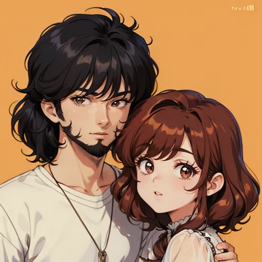 Hoshino Ai, illustration, Drawing, 2 characters, look at the viewer, pair, 1 white man, brown hair and beard, and 1 woman with red and curly hair, bronze, interaction,top quality, A high resolution.