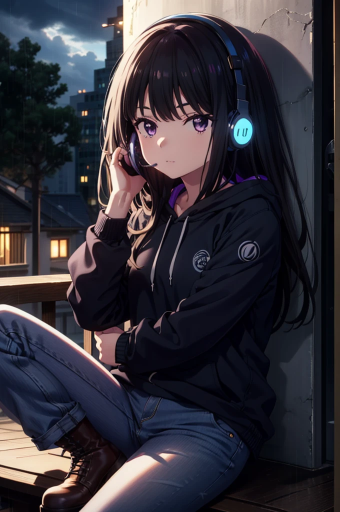 Takiuchikami, Check it out, Long Hair, bangs, Black Hair, (Purple eyes:1.2),Oversized blue hoodie,Wired headphones,jeans,short boots,Sitting on the steps of a building,Hiding in a roofed building,whole bodyがイラストに入るように,rain,cloudy,night,
break outdoors, Building district,
break looking at viewer, whole body,
break (masterpiece:1.2), Highest quality, High resolution, unity 8k wallpaper, (figure:0.8), (Beautiful attention to detail:1.6), Highly detailed face, Perfect lighting, Highly detailed CG, (Perfect hands, Perfect Anatomy),