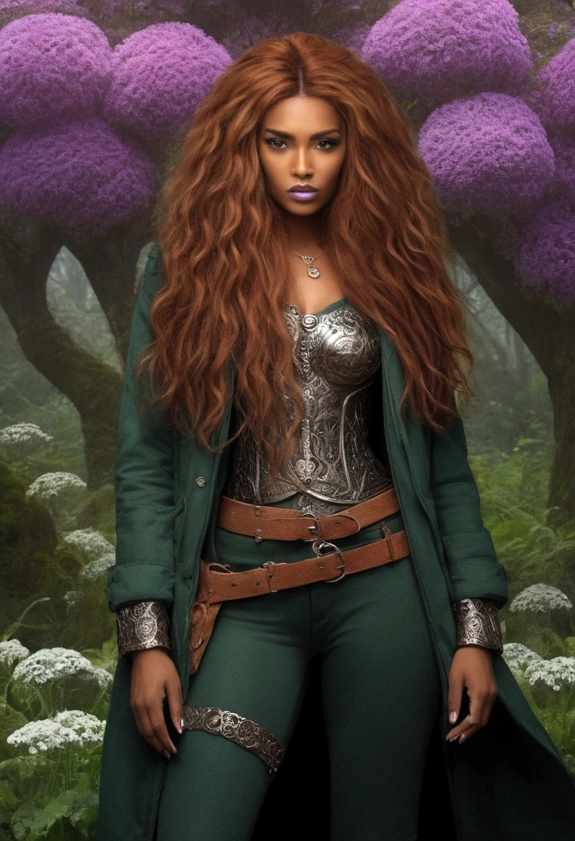 dark skin, detailed beautiful young woman, reddish golden brown hair, long, wavy and messy hair, detaiiled perfect green eyes, delicate symmetric realistic and beautiful face, (magic forest backgroung),  ranger outfit leather armored, fairy, wild flowers blending into hair, full body, masterpiece, absurdres,fine detail, rich colors, dramatic lighting, extremely detailed, cinematic lighting