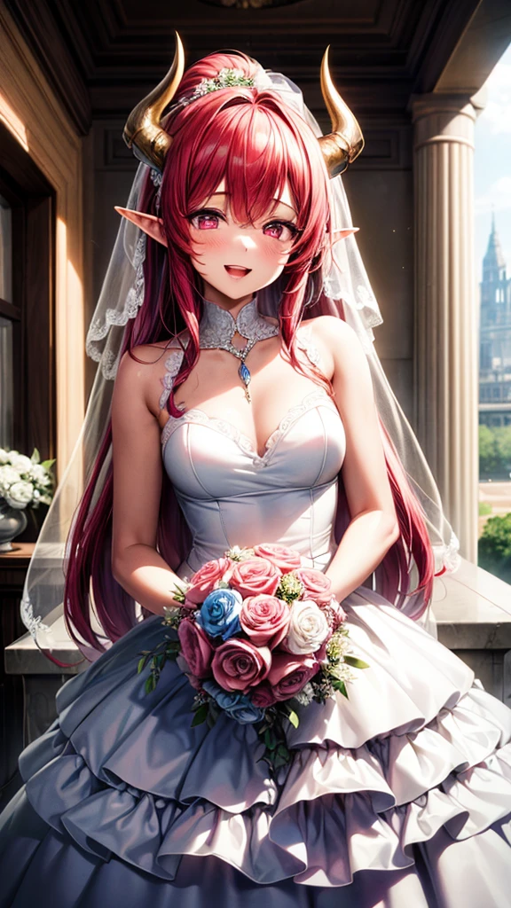 (masterpiece, top quality, best quality, official art, beautiful and aesthetic:1.2), (1girl:1.3), extremely detailed, official artstyle, highest detailed, parted lips,wallpaper, pink eyes, long hair, beautiful red hair, ponytail hairstyle, elf ears, two horns, black horns, bangs, (happiness, beautiful smile, happy expression, happy face), small breast, ((Wedding dress, chies, Bridal veil, Wedding, Bouquet)),(cowboy shot), holding a flower, cowboy shot, wedding vibes