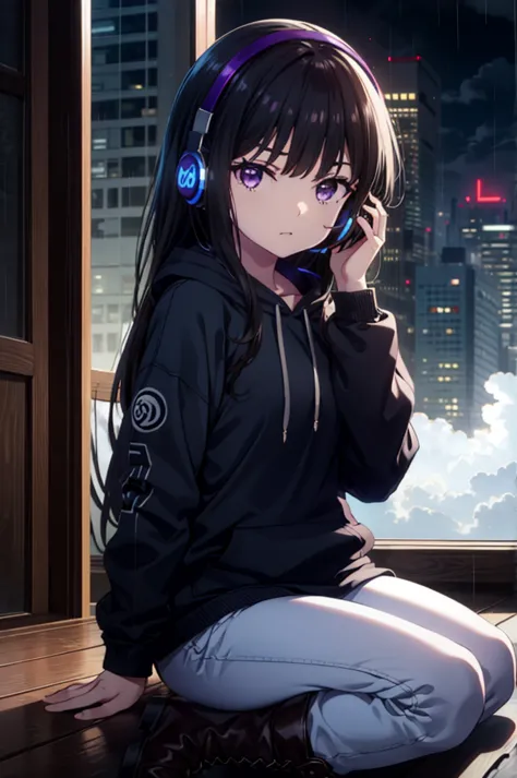 Takiuchikami, Check it out, Long Hair, bangs, Black Hair, (Purple eyes:1.2),Oversized blue hoodie,Wired headphones,jeans,short b...