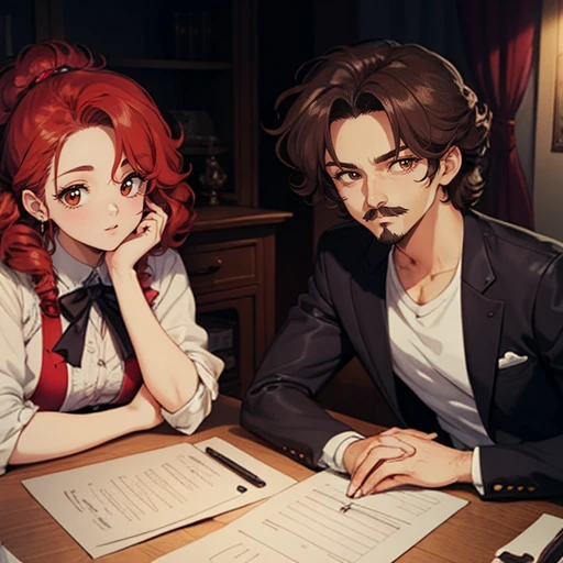 Hoshino Ai, illustration, Drawing, 2 characters, look at the viewer, pair, 1 white man, Brown hair, musketeer mustache and goatee, and 1 woman with red and curly hair, bronze, interaction,top quality, A high resolution.