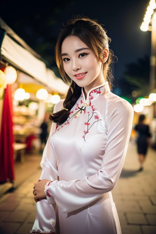 (a beautiful Chinese lady, age 18, Vietnamese traditional dress Ao Dai with silk sleeves, exploring the Hanoi night market, friendly expression, dimpled smile, cute snaggle-tooth, beautiful detailed face, beautiful detailed eyes, loose low ponytail, ample round bosom, photorealistic, hyper-realism, high contrast, ultra HD, realistic skin textures, top image quality, top-quality, super high resolution, fine details, very meticulously, masterpiece, head to thigh, the Cowboy shot, vibrant atmosphere, bokeh background)