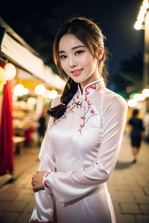 (a beautiful chinese lady, age 18, vietnamese traditional dress ao dai with silk sleeves, exploring the hanoi night market, frie...