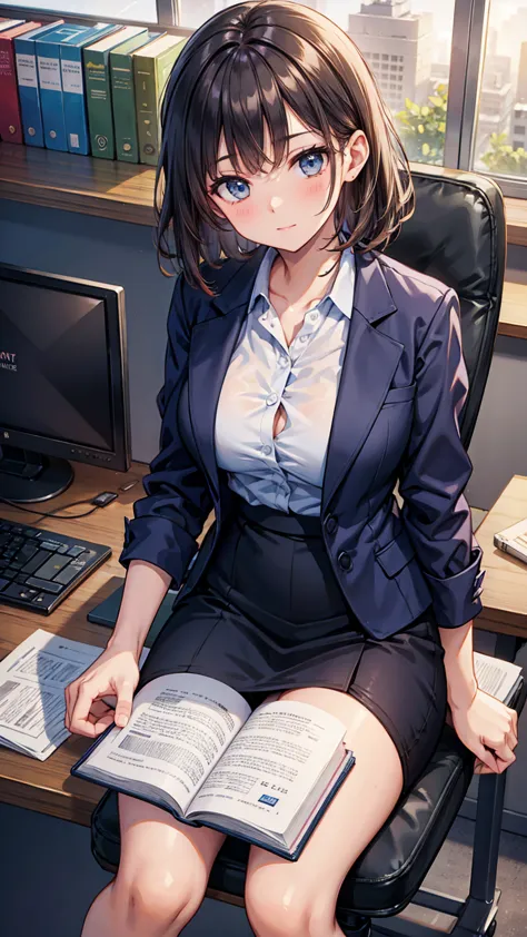 office lady, beautiful, sitting on office desk,