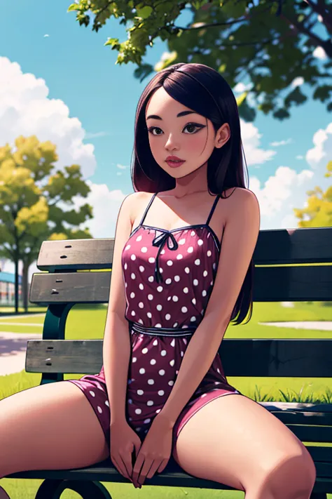 1girl, madure woman, thick thighs, small breast,(polka dot sundress), sitting at bench in a park. spreading her legs