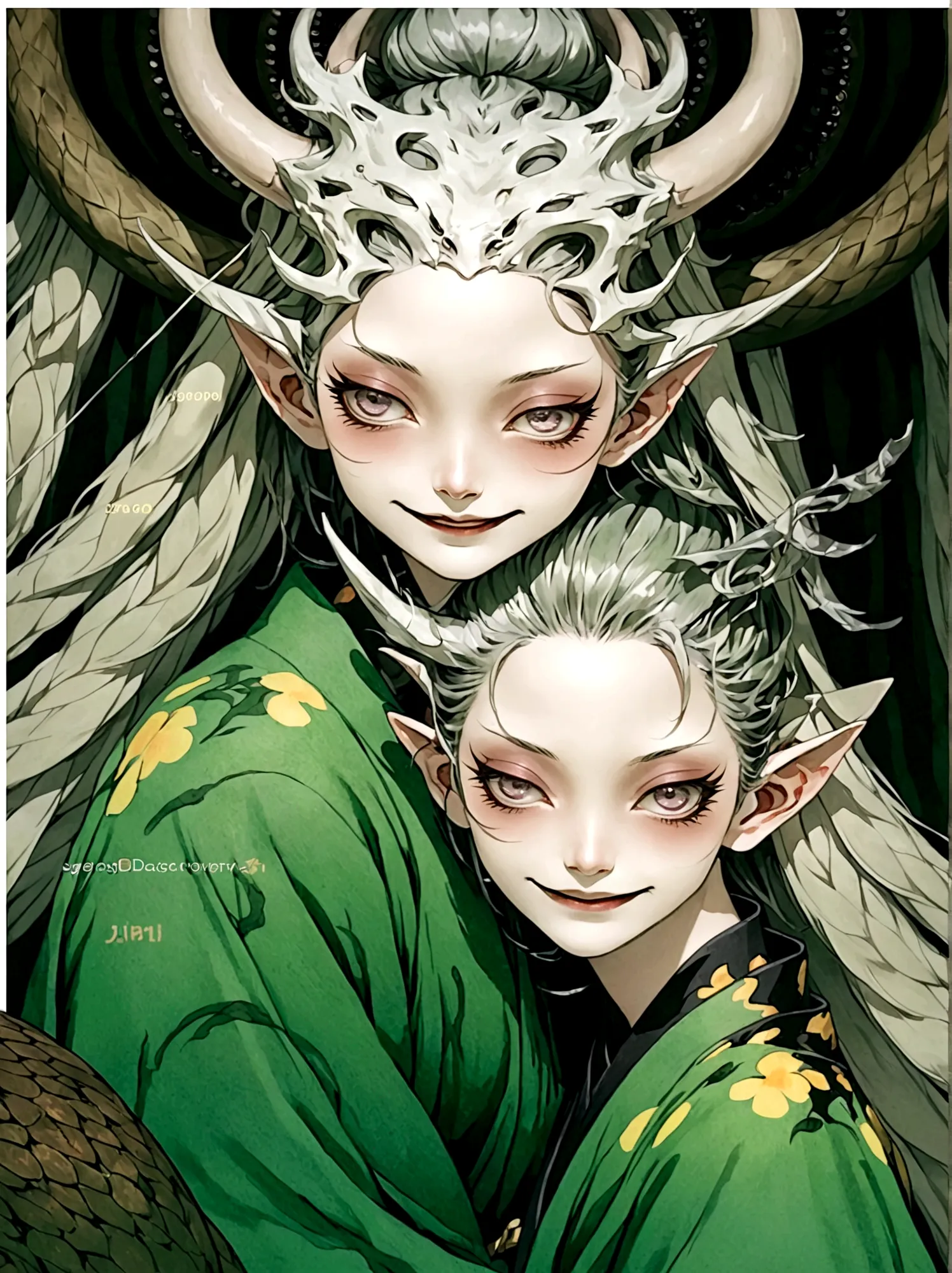 2 Girls，Green kimono，Horns on the head，Japan fear