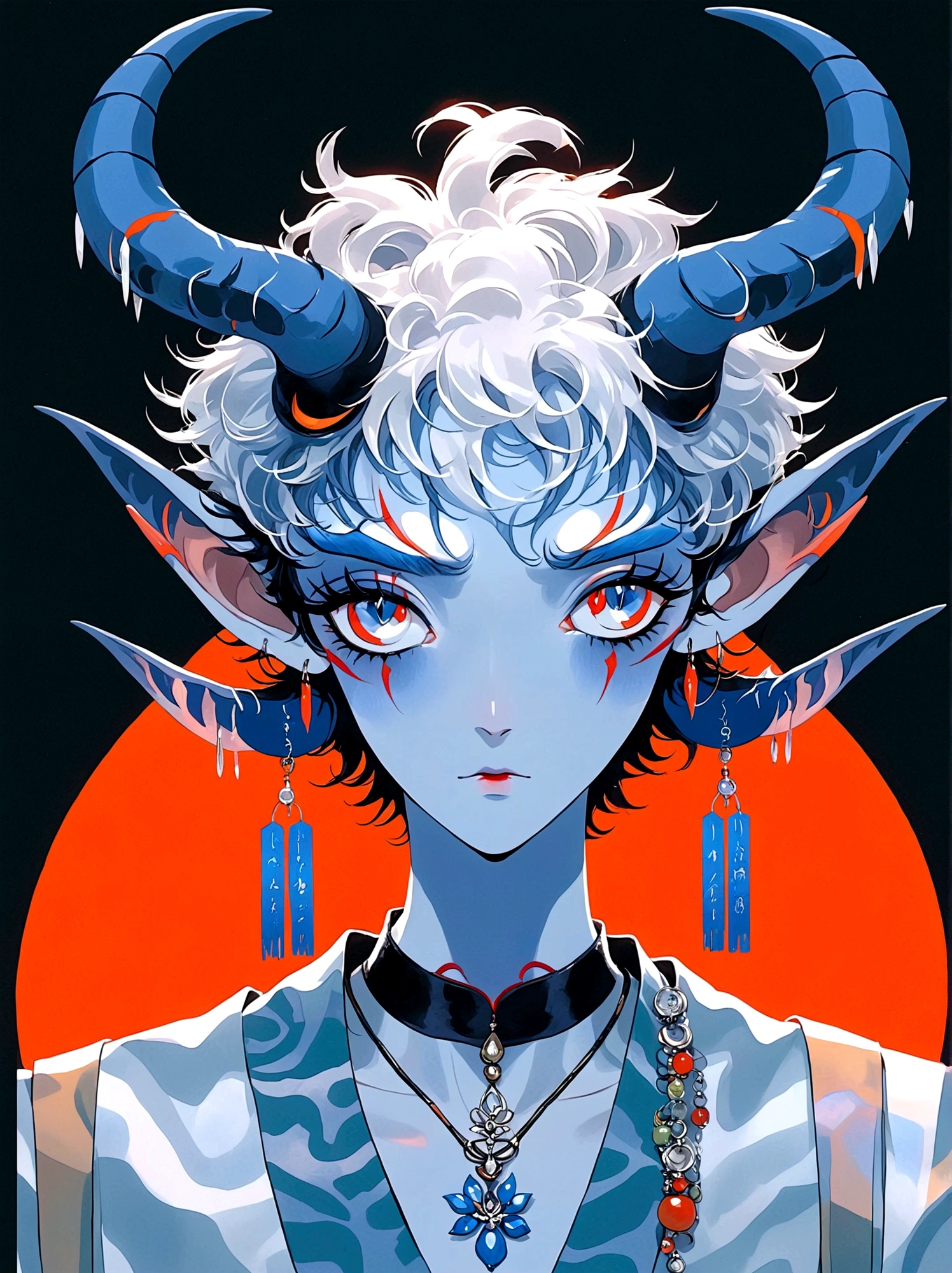 blue and orange，Elf Boy，With horns，earrings，Orange Eyes，Japanese horror style