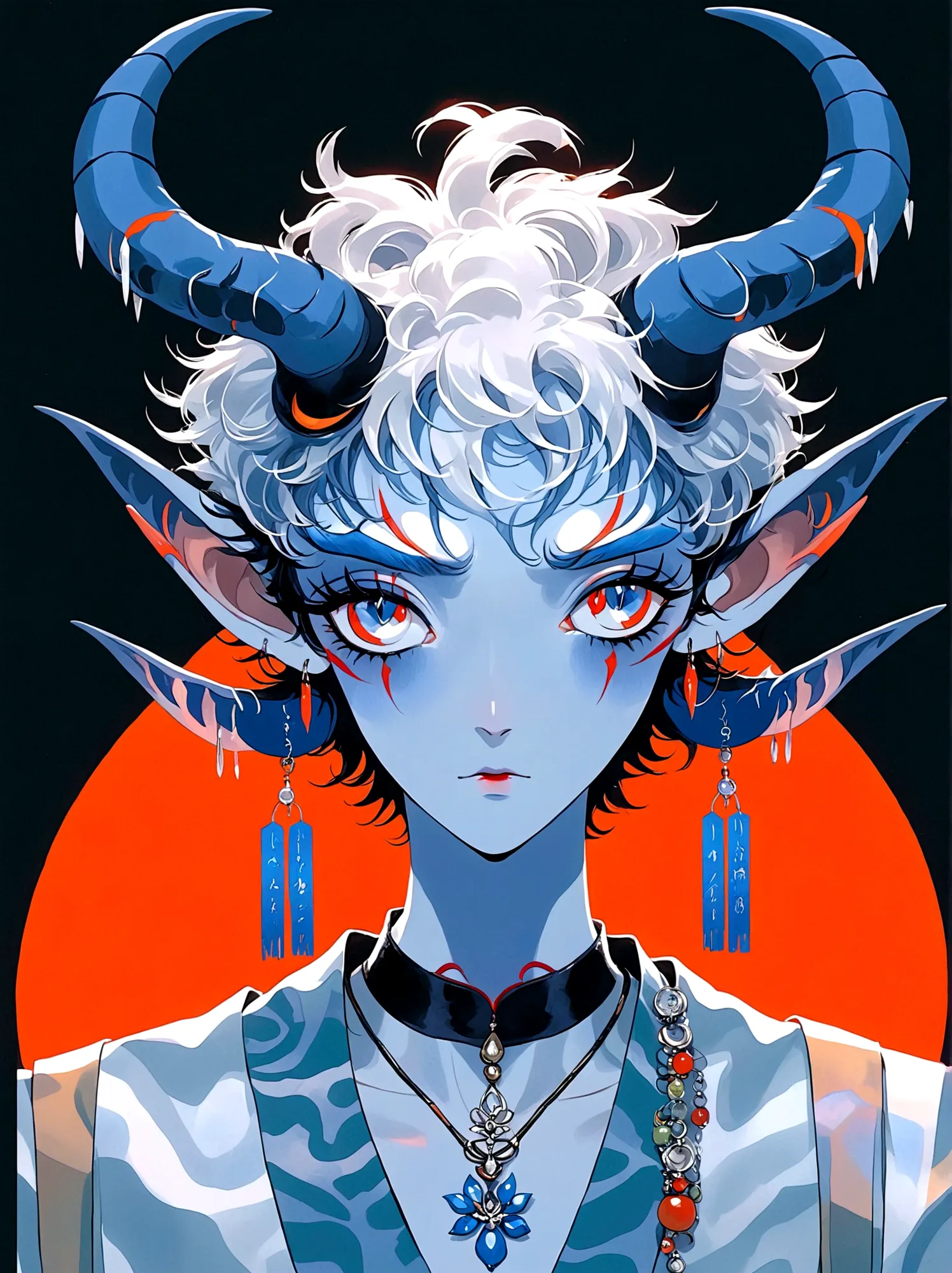 blue and orange，elf boy，with horns，earrings，orange eyes，japanese horror style