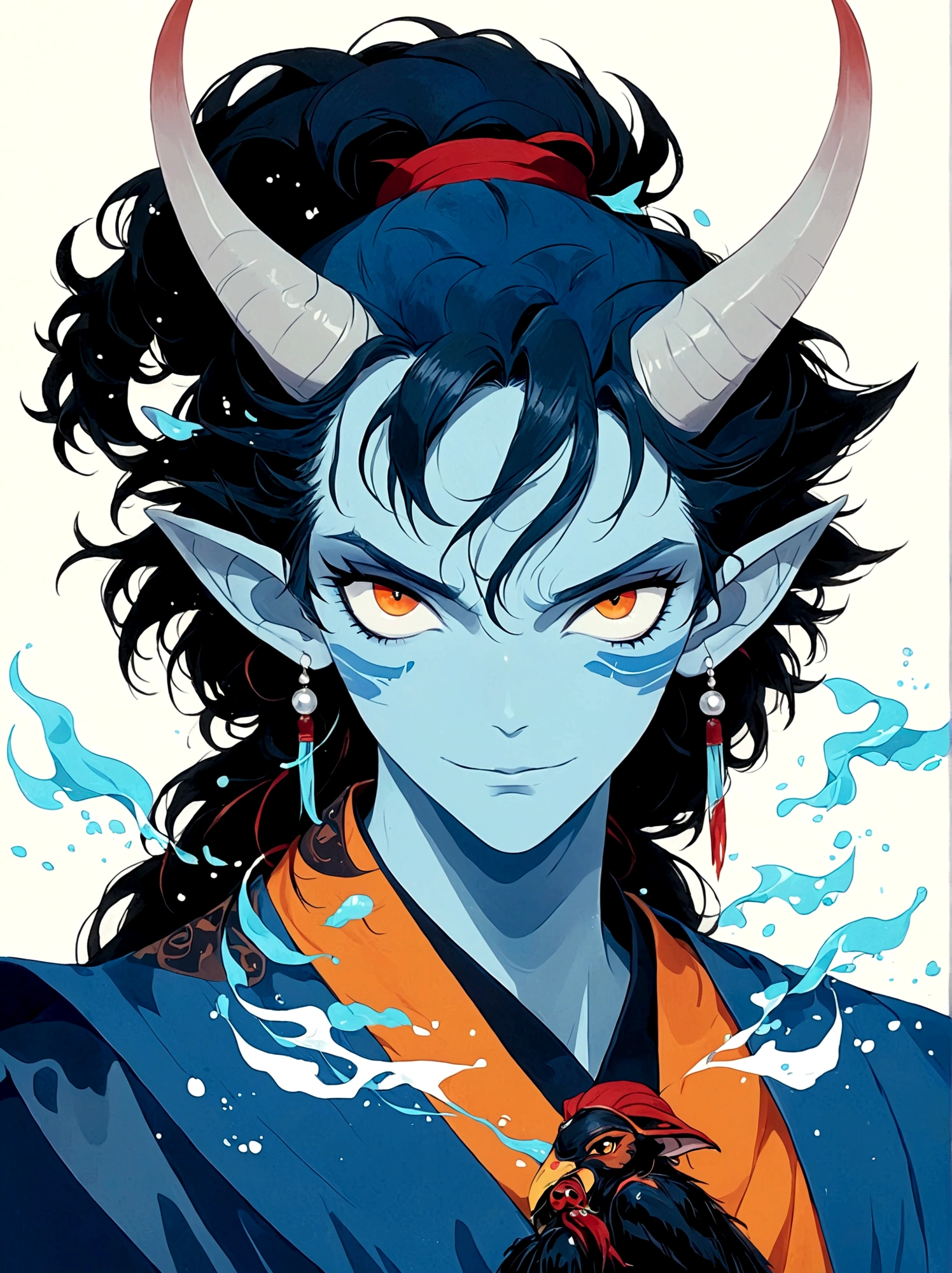 Blue Elf Boy，Orange eyes，High Ponytail，With horns