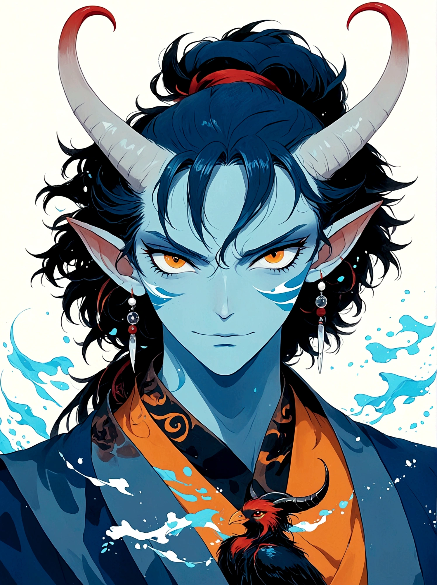 Blue Elf Boy，Orange eyes，High Ponytail，With horns