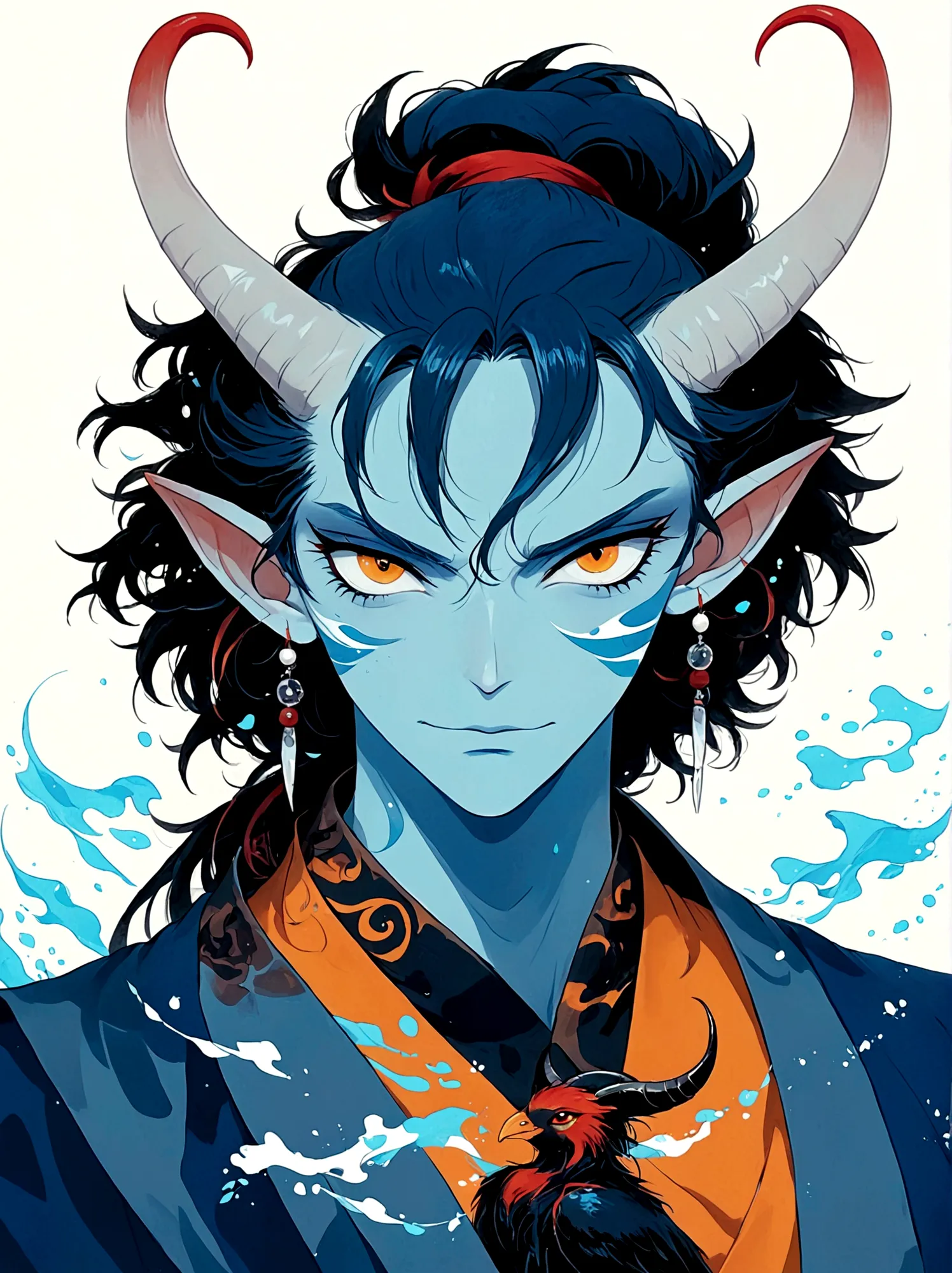 blue elf boy，orange eyes，high ponytail，with horns