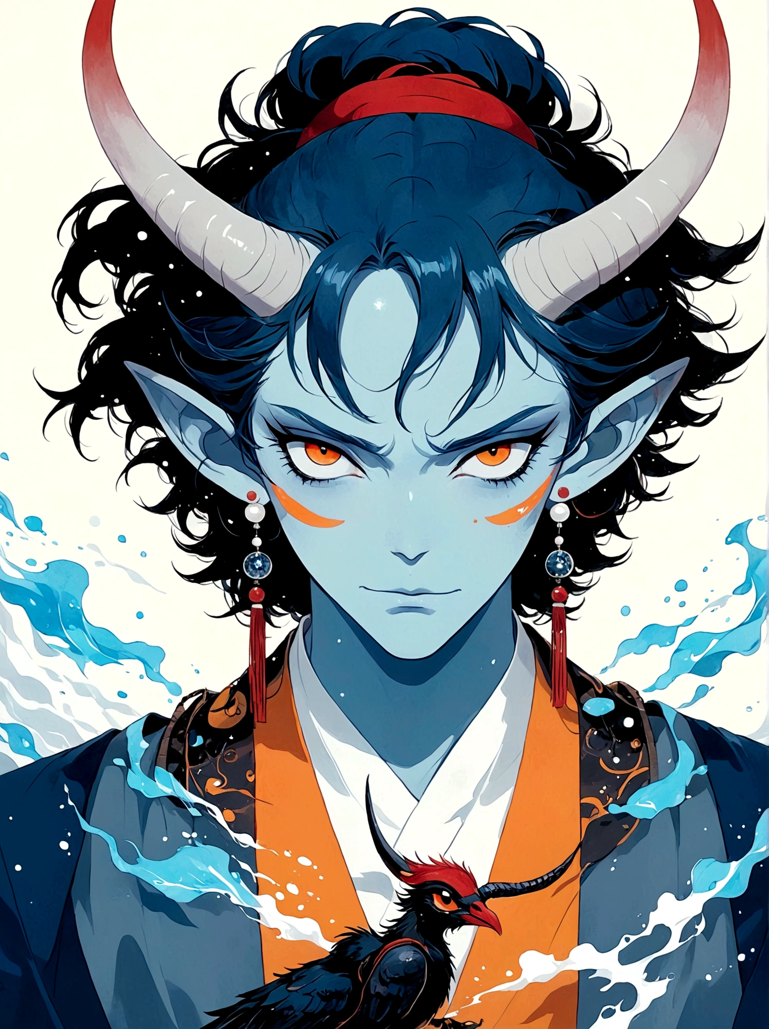 Blue Elf Boy，Horns on the head，symmetry，Orange Eyes，earrings，White hair，Japanese horror style Japanese pop surrealism, author：Yukika Kosaka, Nguyen Gia and Joao Nguyen,
