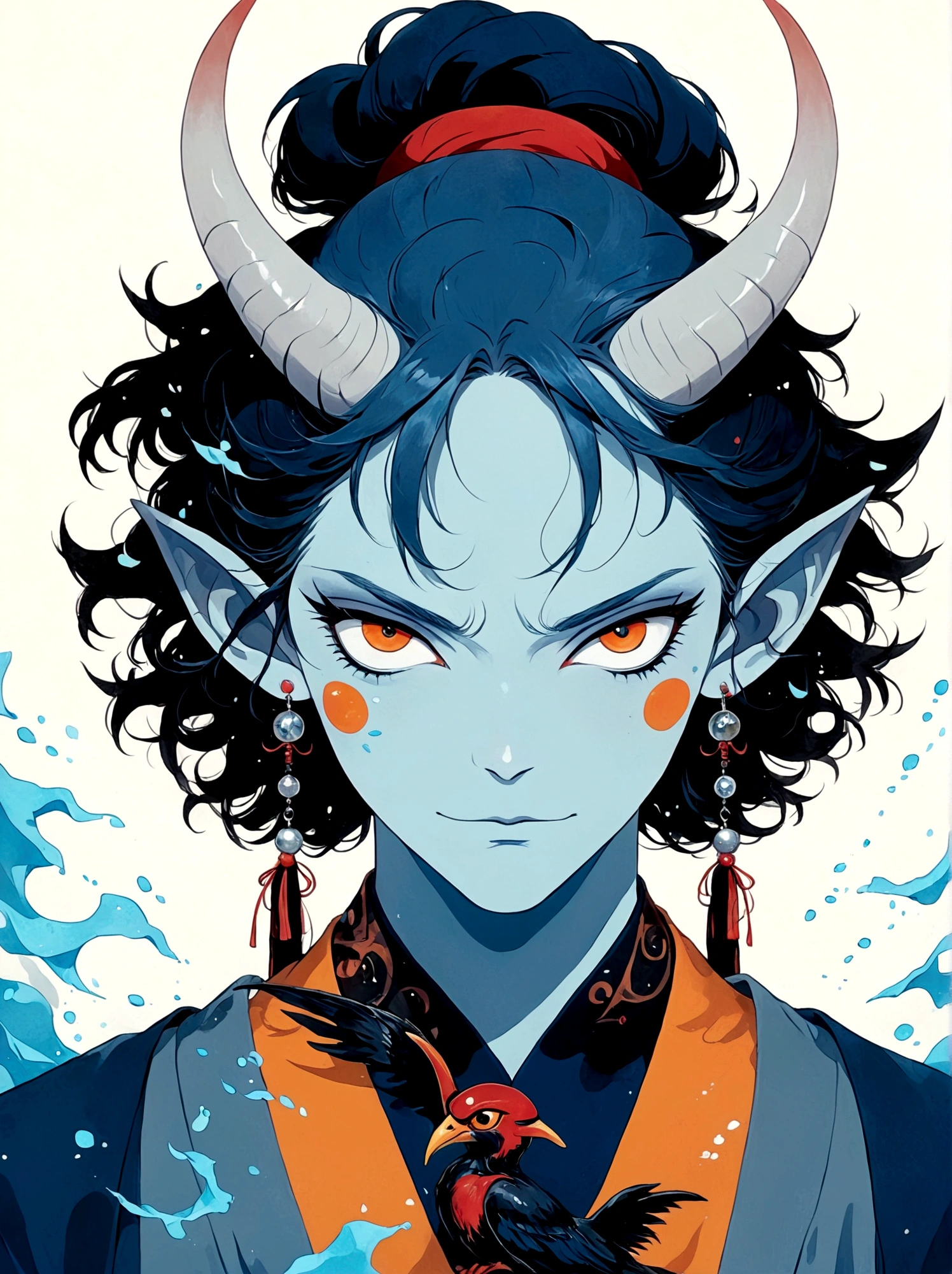 Blue Elf Boy，Horns on the head，symmetry，Orange Eyes，earrings，White hair，Japanese horror style Japanese pop surrealism, author：Yukika Kosaka, Nguyen Gia and Joao Nguyen,
