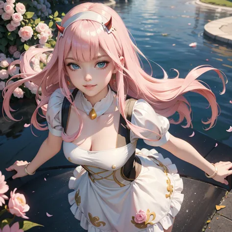 long hair, pink hair, black horns, long flowing hair, floating hair, ornament hair, perfectly body, perfectly hands, white rose ...