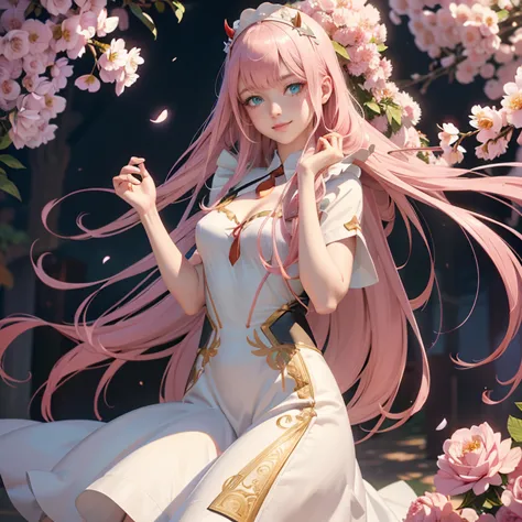 long hair, pink hair, black horns, long flowing hair, floating hair, ornament hair, perfectly body, perfectly hands, white rose ...