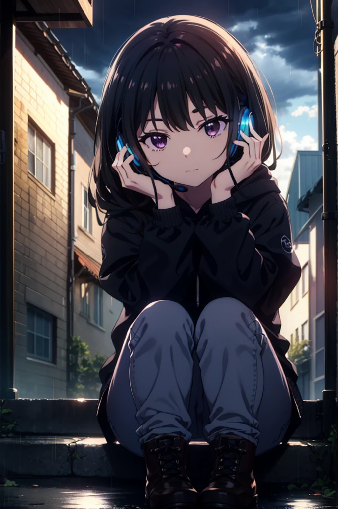 Takiuchikami, Check it out, Long Hair, bangs, Black Hair, (Purple eyes:1.2),Oversized blue hoodie,Wired headphones,jeans,short boots,Sitting on the steps of a building,Hiding in a roofed building,whole bodyがイラストに入るように,rain,cloudy,night,
break outdoors, Building district,
break looking at viewer, whole body,
break (masterpiece:1.2), Highest quality, High resolution, unity 8k wallpaper, (figure:0.8), (Beautiful attention to detail:1.6), Highly detailed face, Perfect lighting, Highly detailed CG, (Perfect hands, Perfect Anatomy),