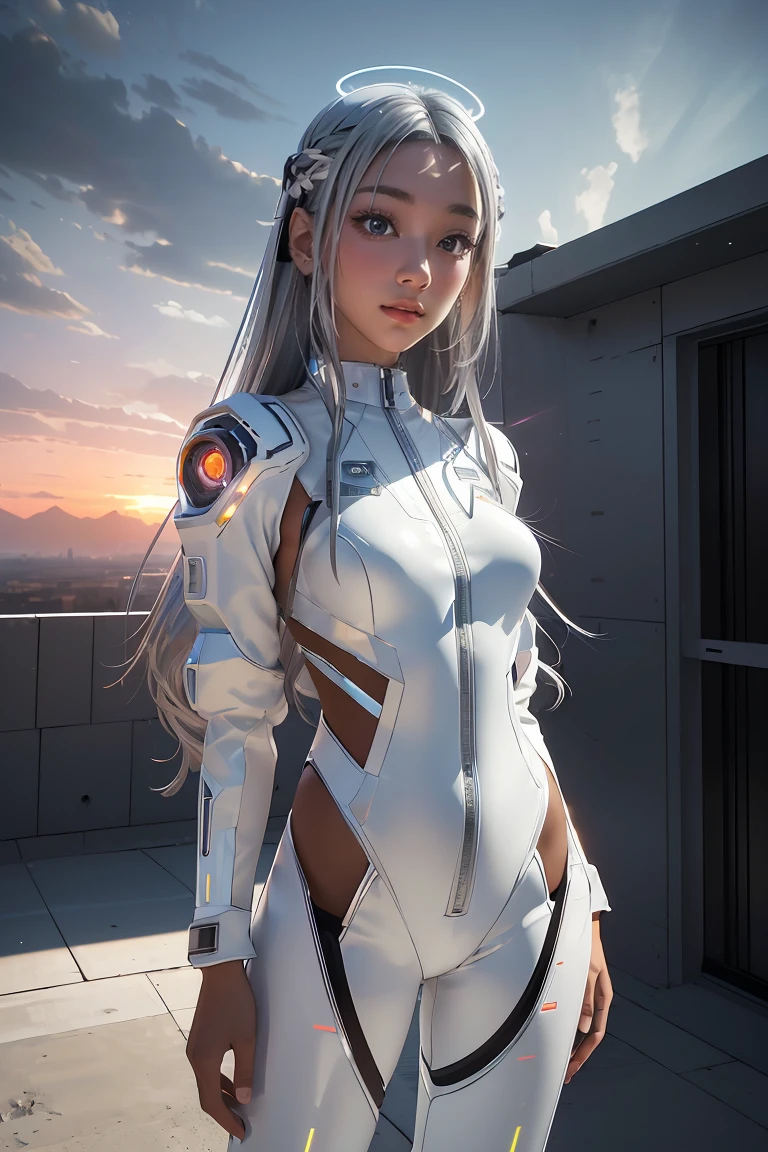 ((masterpiece, best quality, extremely detailed), volumetric lighting, ambient occlusion, colorful, glowing), 
1girl, solo, young girl, (silver hair), long hair, halo, aura, sacred, goddess, cyber suit, (white outfit:1.3), 
outdoors, sunset, sky, clouds, space, (cyberpunk theme:1.2),