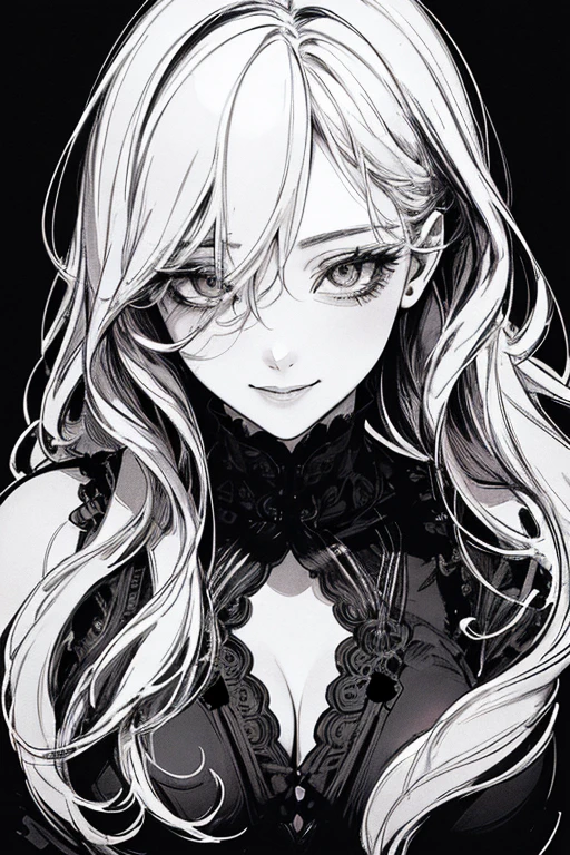 Highest quality, (Background details), High Contrast, Very beautiful woman, Detailed original illustrations、functional、Delicate face、Charm、Villainess、sexy、Real breasts、Crazy Smile, Crazy Eyes,  Head close-up, Black background, (Black background: 1.5), Beautiful line art、Monochrome