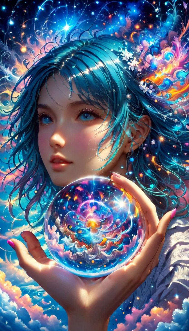 (((masterpiece))), (((Highest quality))), ((Super detailed)),(Highly detailed CG illustrations), ((Very delicate and beautiful)),she has a Big Glass ball where universe is expanding,