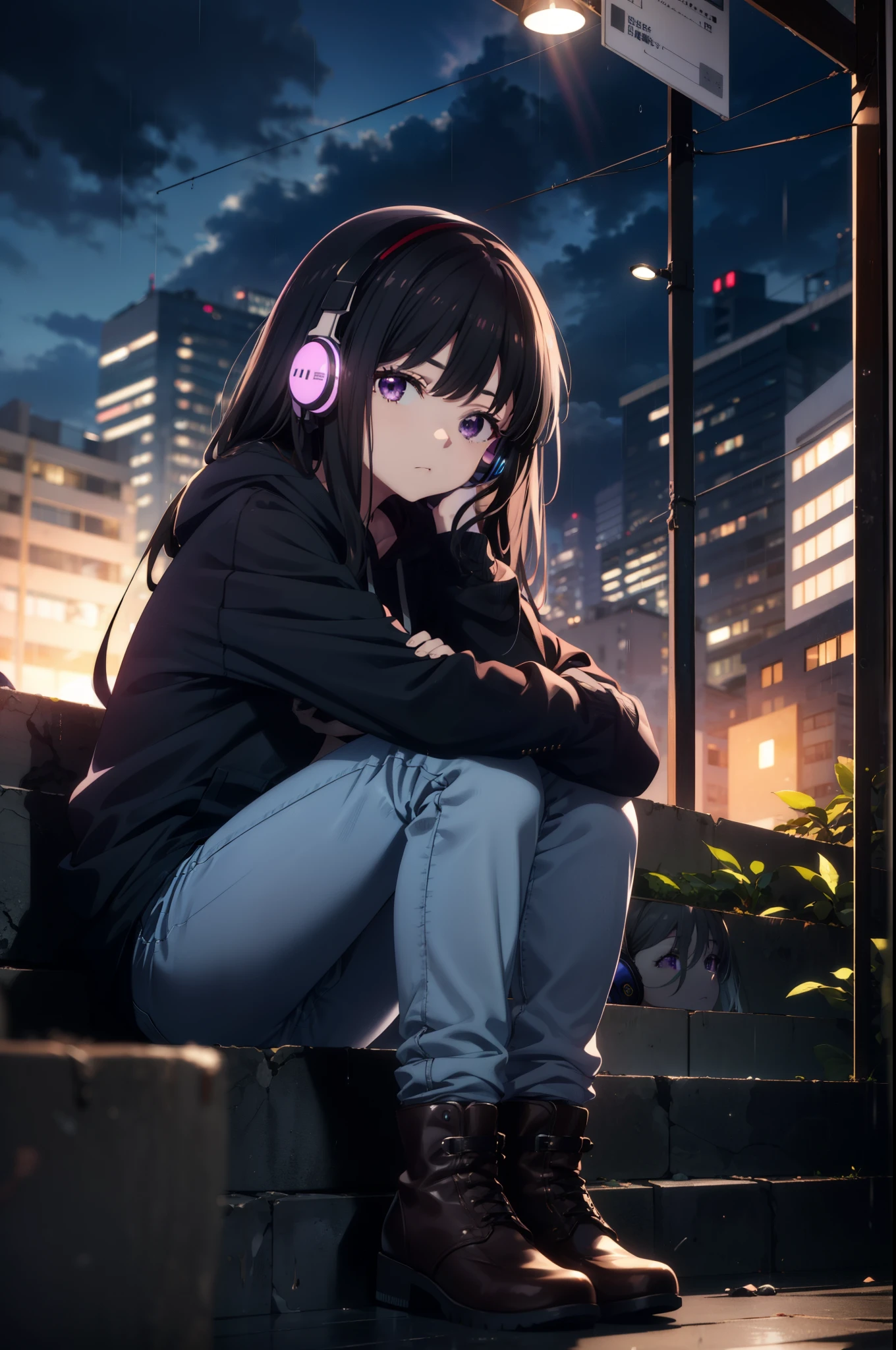 Takiuchikami, Check it out, Long Hair, bangs, Black Hair, (Purple eyes:1.2),Oversized blue hoodie,Wired headphones,jeans,short boots,Sitting on the steps of a building,Hiding in a roofed building,whole bodyがイラストに入るように,rain,cloudy,night,
break outdoors, Building district,
break looking at viewer, whole body,
break (masterpiece:1.2), Highest quality, High resolution, unity 8k wallpaper, (figure:0.8), (Beautiful attention to detail:1.6), Highly detailed face, Perfect lighting, Highly detailed CG, (Perfect hands, Perfect Anatomy),