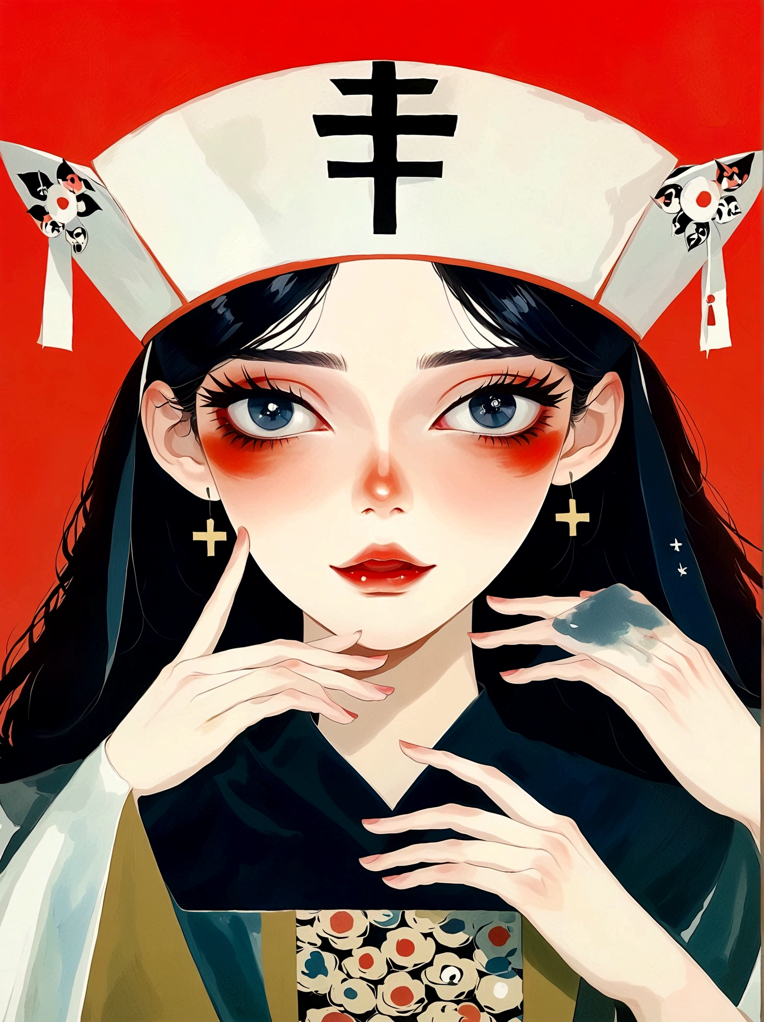 girl，Nurse hat，Eyes on hands，Japanese horror style Japanese pop surrealism, author：Yukika Kosaka, Nguyen Gia and Joao Nguyen, 
