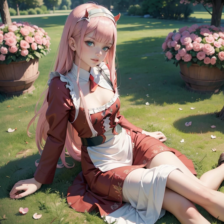 Zero Two, long hair, pink hair, two red horns, long flowing hair, floating hair, ornament hair, garden scenery, perfectly body, perfectly hands, dark pink roses, maid, maid style, maid headdress, maid apron, white apron, on garden, laying down on the grass, a lake with carpas on background, petals in the air, firefly in the air, seat on the grass, centered girl, maid dress, red skirt, skirt whit layers, red shirt, more details on her clothes, dress with transparency, golden details, laying down on the grass, night, smiling, ((4k, masterpiece, top-quality)),8k, best quality, high resolution, UHD, (illustration:0.8), super cute girl, delicate and beautiful face, 1girl, solo, mature girl, super cute hairstyle, (beautiful detailed eyes:1.6), extremely detailed face, perfect lighting, extremely detailed CG, (perfect hands, perfect anatomy), Best quality, cleavage, small skirt, full Body, two arms, two legs, two hands, five fingers