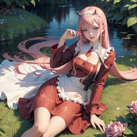 zero two, long hair, pink hair, two red horns, long flowing hair, floating hair, ornament hair, garden scenery, perfectly body, ...