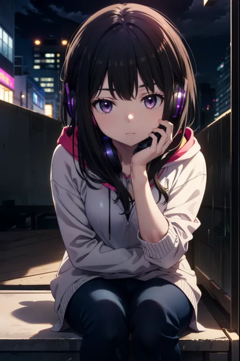 Takiuchikami, Check it out, Long Hair, bangs, Black Hair, (Purple eyes:1.2),Oversized blue hoodie,Wired headphones,jeans,short b...