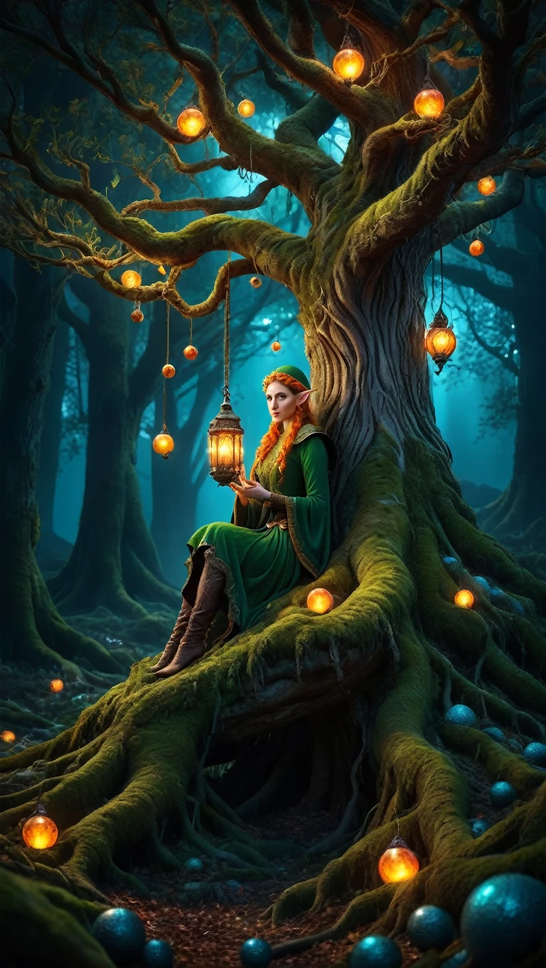 (Beau elf:1.5), Photographie primée par yggdrasil, Beau, dans une forêt magique, (Nuit dans le noir:1.2), Mousse aux racines, (Boules lumineuses colorées accrochées à l&#39;arbre: 1.3), détails complexes, le réalisme, extrêmement tranchant, 超le réalisme, Sur chaque branche est suspendue une grande lanterne lumineuse