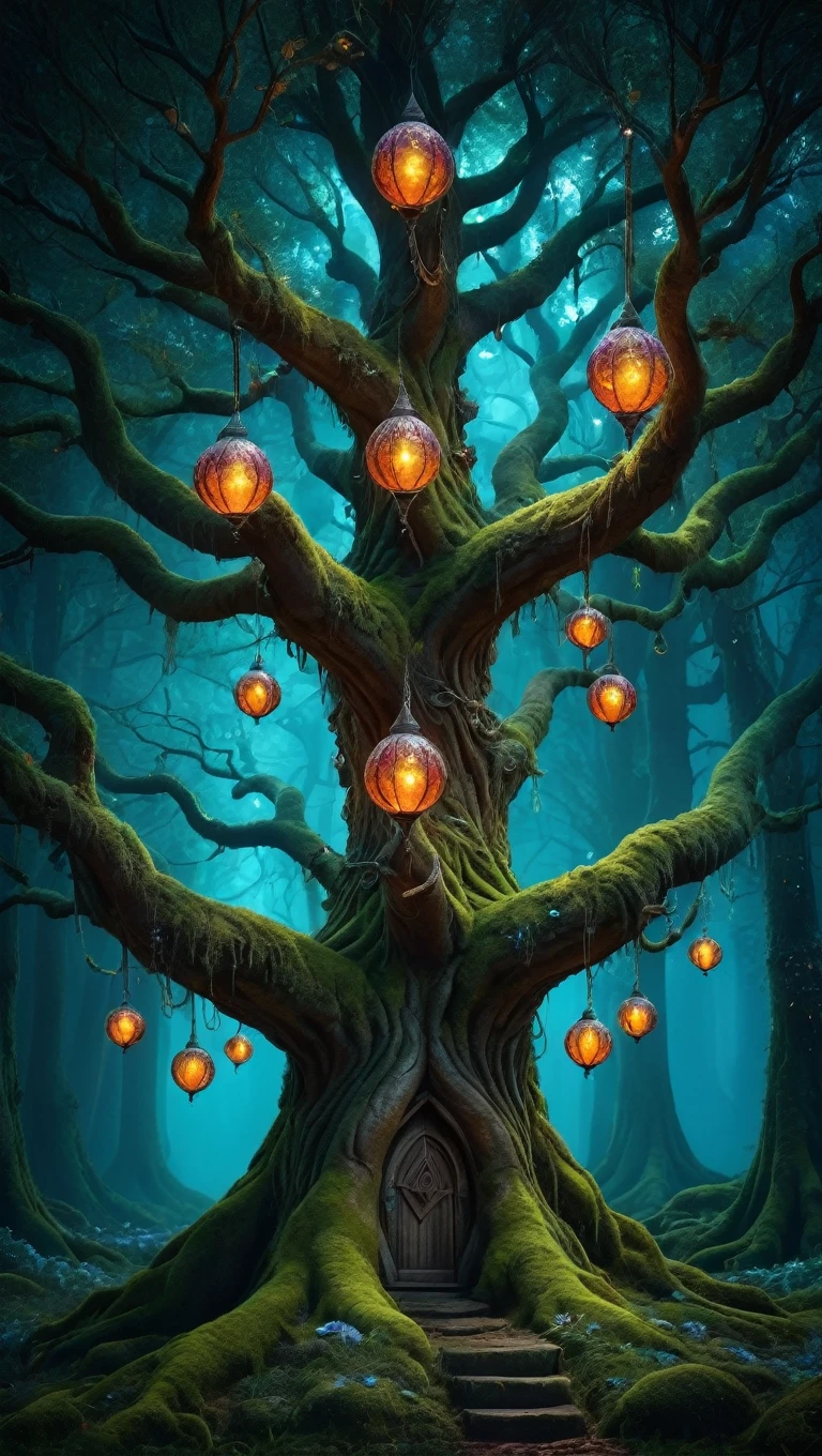 (Hermoso elf:1.5), Fotografía premiada de yggdrasil, Hermoso, en un bosque magico, (noche en la oscuridad:1.2), Musgo en las raíces, (Bolas brillantes de colores colgando del árbol: 1.3), detalles intrincados, realism, Extremadamente afilado, hiperrealismo, De cada rama cuelga una gran linterna brillante.