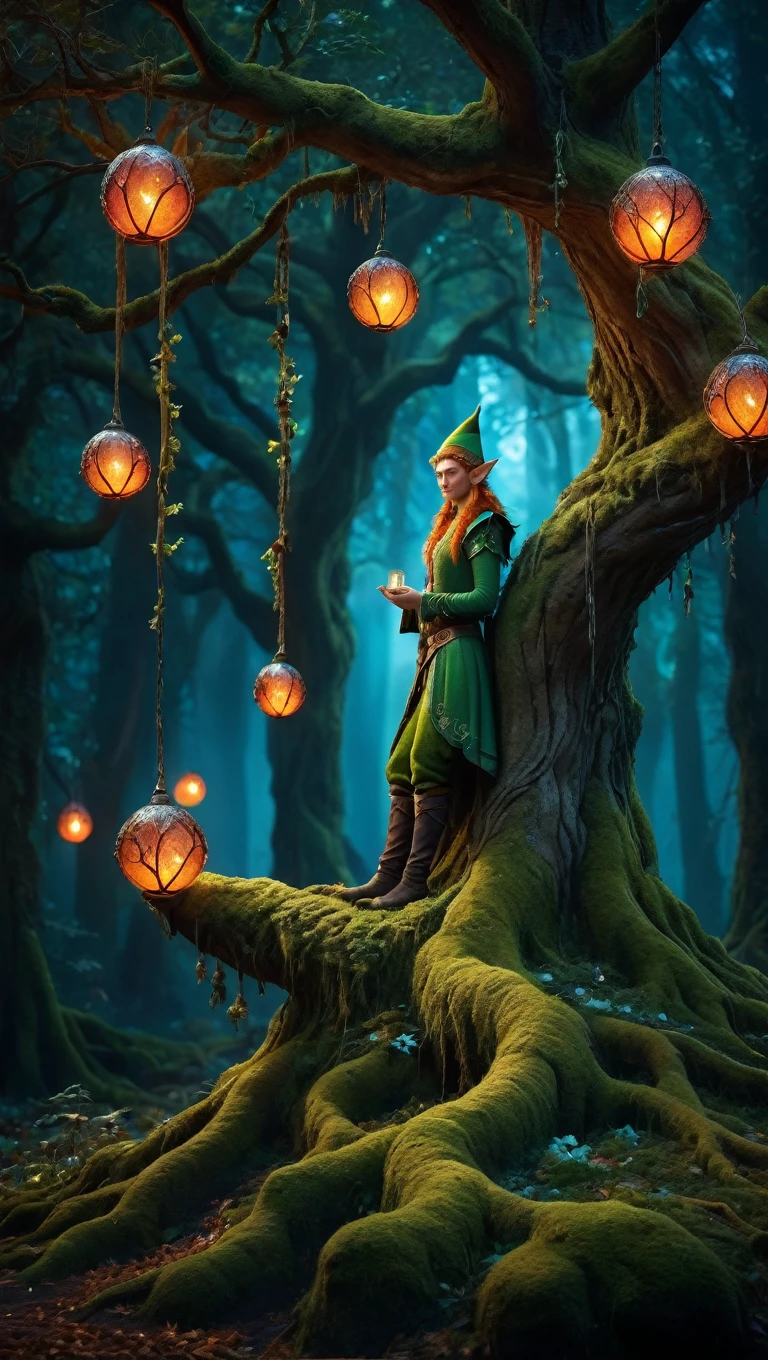 (Hermoso elf:1.5), Fotografía premiada de yggdrasil, Hermoso, en un bosque magico, (noche en la oscuridad:1.2), Musgo en las raíces, (Bolas brillantes de colores colgando del árbol: 1.3), detalles intrincados, realism, Extremadamente afilado, hiperrealismo, De cada rama cuelga una gran linterna brillante.