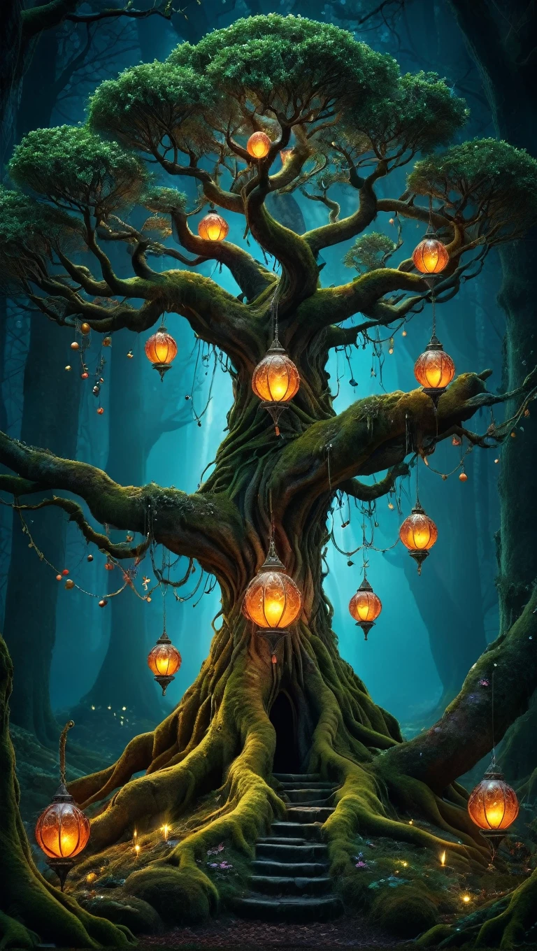 (beautiful elf:1.5), Award-winning photography by yggdrasil, beautiful, In a magical forest, (Night in the dark:1.2), Moss at the roots, (Colorful glowing balls hanging on the tree: 1.3), Intricate details, realism, Extremely sharp, 超realism, On every branch hangs a large glowing lantern