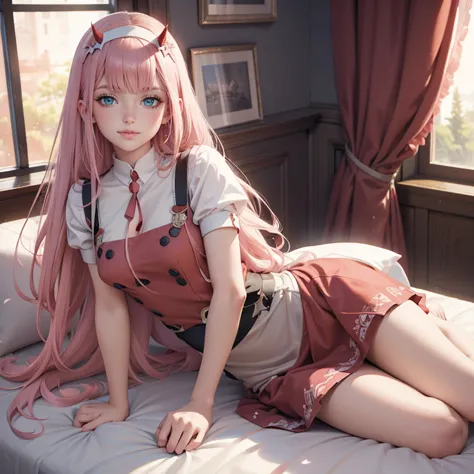 zero two, long hair, pink hair, two red horns, long flowing hair, floating hair, ornament hair, bedroom scenery, perfectly body,...