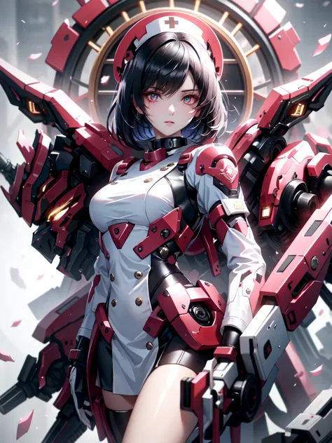 With machine gun, Yorime, Ahegaovery / Sexual Ecstasy), black hair, bob cut, black and red nurse uniform, straight hair, nurse c...