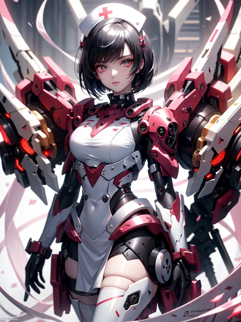 With machine gun, Yorime, Ahegaovery / Sexual Ecstasy), black hair, bob cut, black and red nurse uniform, straight hair, nurse costume, (masterpiece: 1.2, highest quality), (beautiful eyes of detail: 1.2), (detailed background, dark fantasy), (beautiful detailed face), high contrast, (best lighting, very delicate and beautiful), (( cinematic light)), colorful, hyper-detailed, dramatic light, intricate detail, pigeon toe