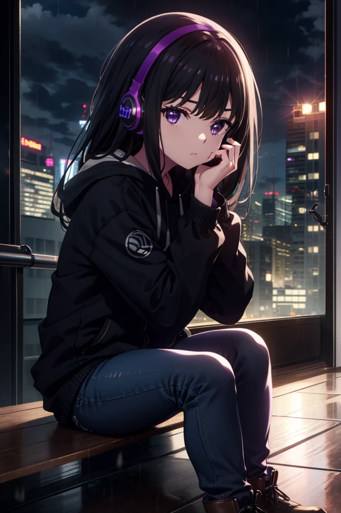 Takiuchikami, Check it out, Long Hair, bangs, Black Hair, (Purple eyes:1.2),Oversized blue hoodie,Wired headphones,jeans,short boots,Sitting on the steps of a building,Hiding in a roofed building,whole bodyがイラストに入るように,rain,cloudy,night,
break outdoors, Building district,
break looking at viewer, whole body,
break (masterpiece:1.2), Highest quality, High resolution, unity 8k wallpaper, (figure:0.8), (Beautiful attention to detail:1.6), Highly detailed face, Perfect lighting, Highly detailed CG, (Perfect hands, Perfect Anatomy),