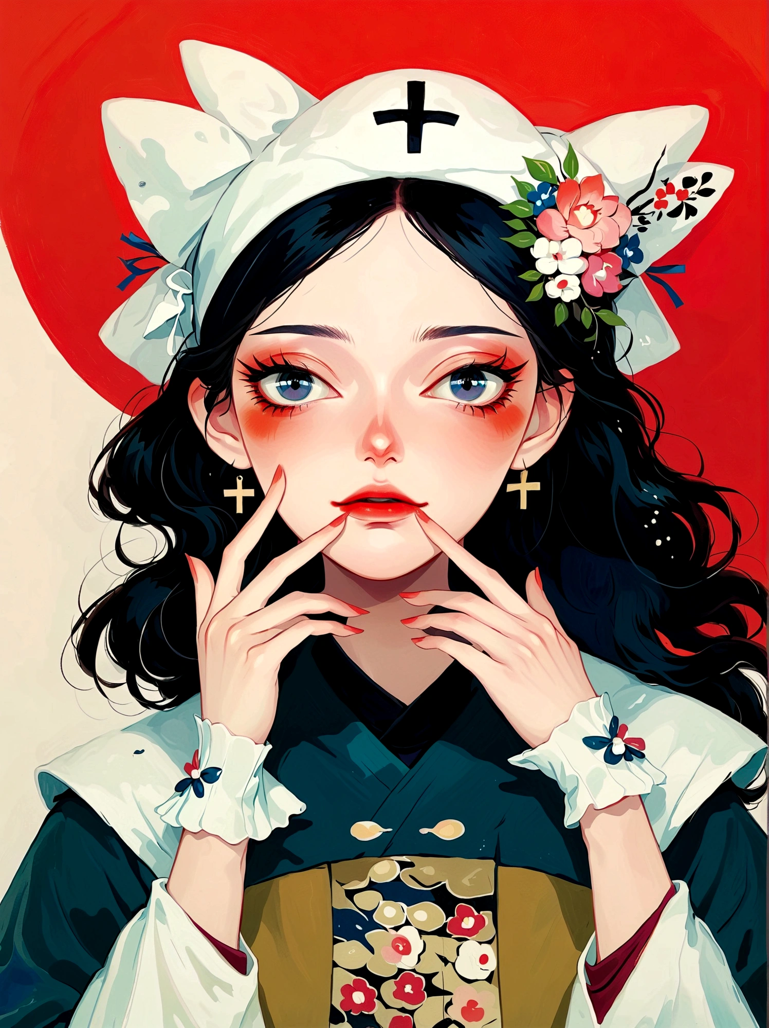 Anime style，A woman with her hands on her face, Japanese pop surrealism, Kuvshinov ilya, author：Shinoda Toko, Sachinteng, Japanese pop surrealism, author：Hironaka Harumi, Gu Weiss, artwork in the style of Gu Weiss, inspired by Yanjun Cheng, Kuvshinov, inspired author：Hironaka Harumi