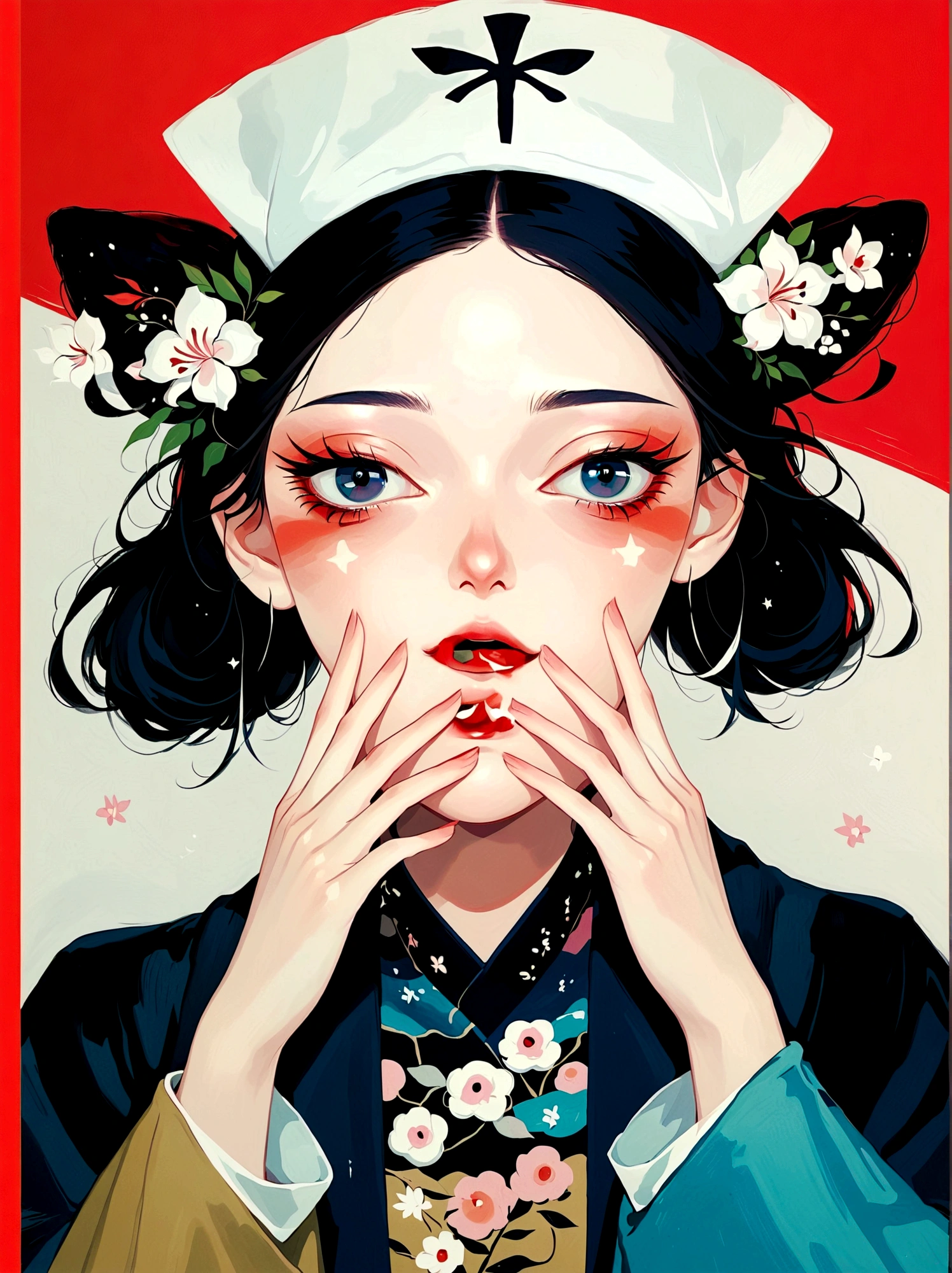 Anime style，A woman with her hands on her face, Japanese pop surrealism, Kuvshinov ilya, author：Shinoda Toko, Sachinteng, Japanese pop surrealism, author：Hironaka Harumi, Gu Weiss, artwork in the style of Gu Weiss, inspired by Yanjun Cheng, Kuvshinov, inspired author：Hironaka Harumi