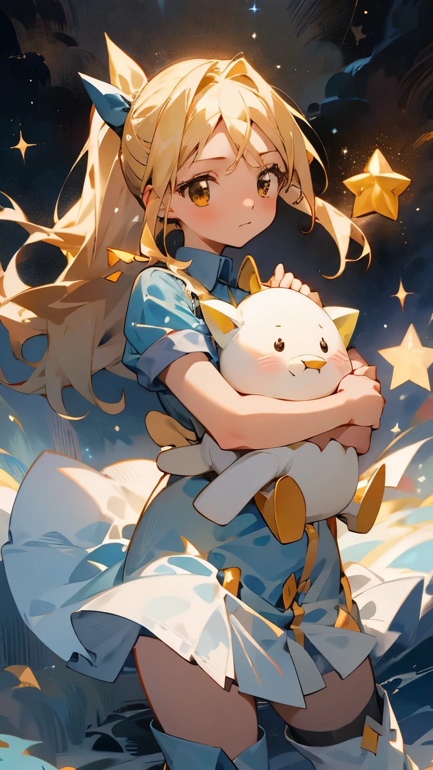 16-year-old girl、One girl,Hug a stuffed animal、白いHug a stuffed animal、Expressionless、Fantastic look、Fairy, Pointed Ears, masterpiece, Highest quality, High resolution, Lucy Heartfilia, Lucy Heartfilia, One girl, alone, Blonde Hair, Brown eyes, Long Hair, Side Ponytail, Hair Ribbon, Big Breasts, Earrings, Thigh-high boots, Blue Shirt, No sleeve, White Skirt, Dark Background, starlight, star,starをすくう、手のひらでstarを救い上げる