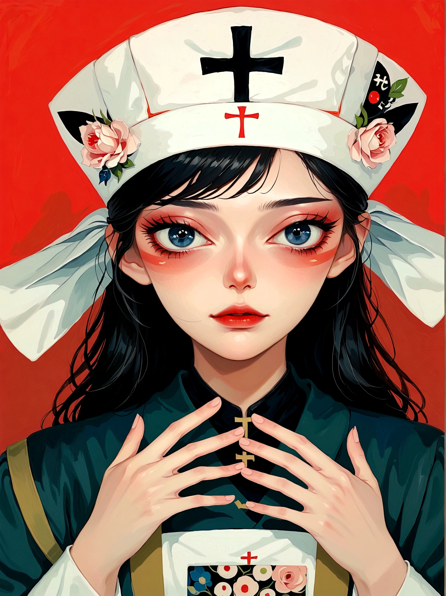 girl，Nurse hat，Eyes painted on hands，Japanese horror style Japanese pop surrealism, author：Yukika Kosaka, Nguyen Gia and Joao Nguyen, 
