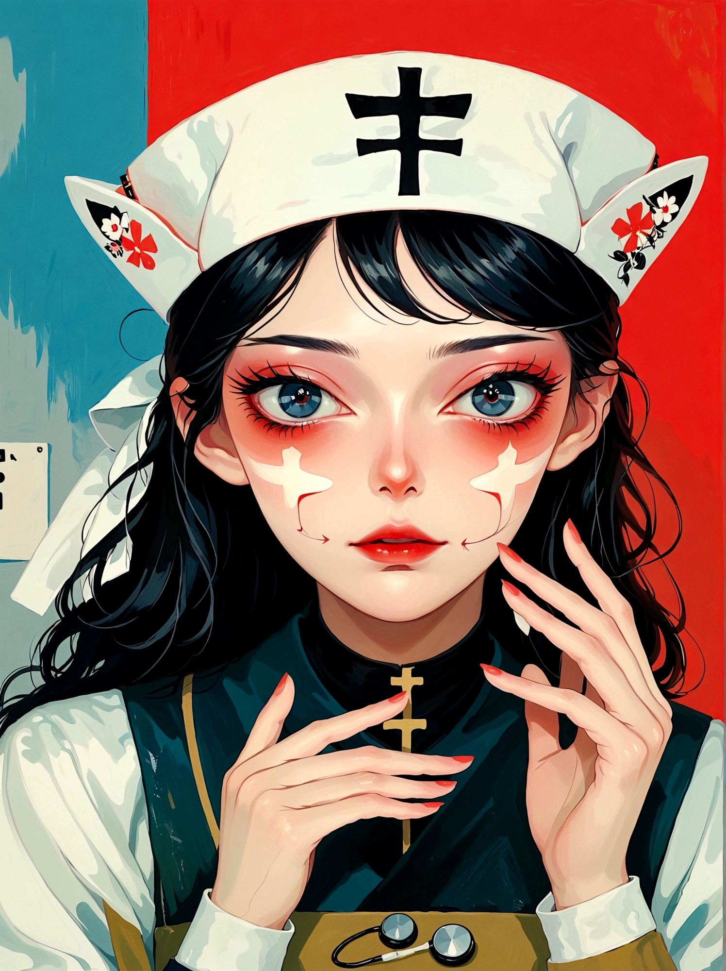 girl，Nurse hat，Eyes painted on hands，Japanese horror style Japanese pop surrealism, author：Yukika Kosaka, Nguyen Gia and Joao Nguyen, 
