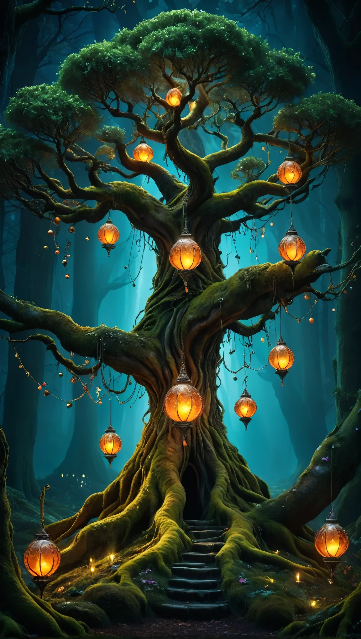 (Beau elf:1.5), Photographie primée par yggdrasil, Beau, dans une forêt magique, (Nuit dans le noir:1.2), Mousse aux racines, (Boules lumineuses colorées accrochées à l&#39;arbre: 1.3), détails complexes, le réalisme, extrêmement tranchant, 超le réalisme, Sur chaque branche est suspendue une grande lanterne lumineuse