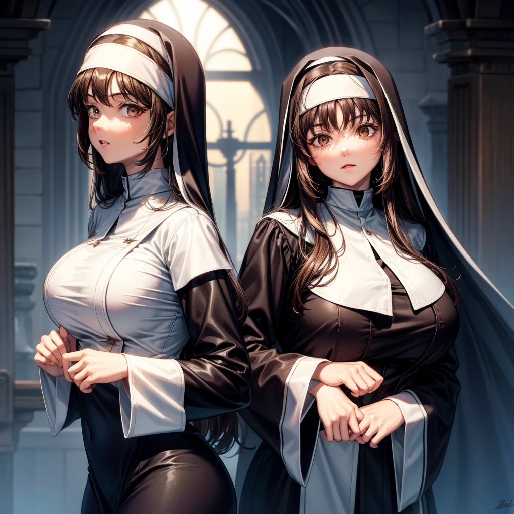 long dark hair / big tits / brown eye /  nun outfit 