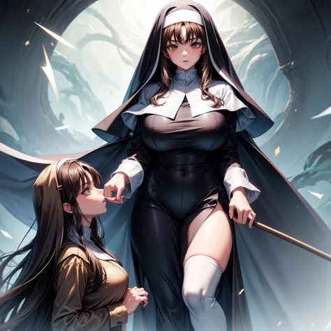 long dark hair / big tits / brown eye /  nun outfit 