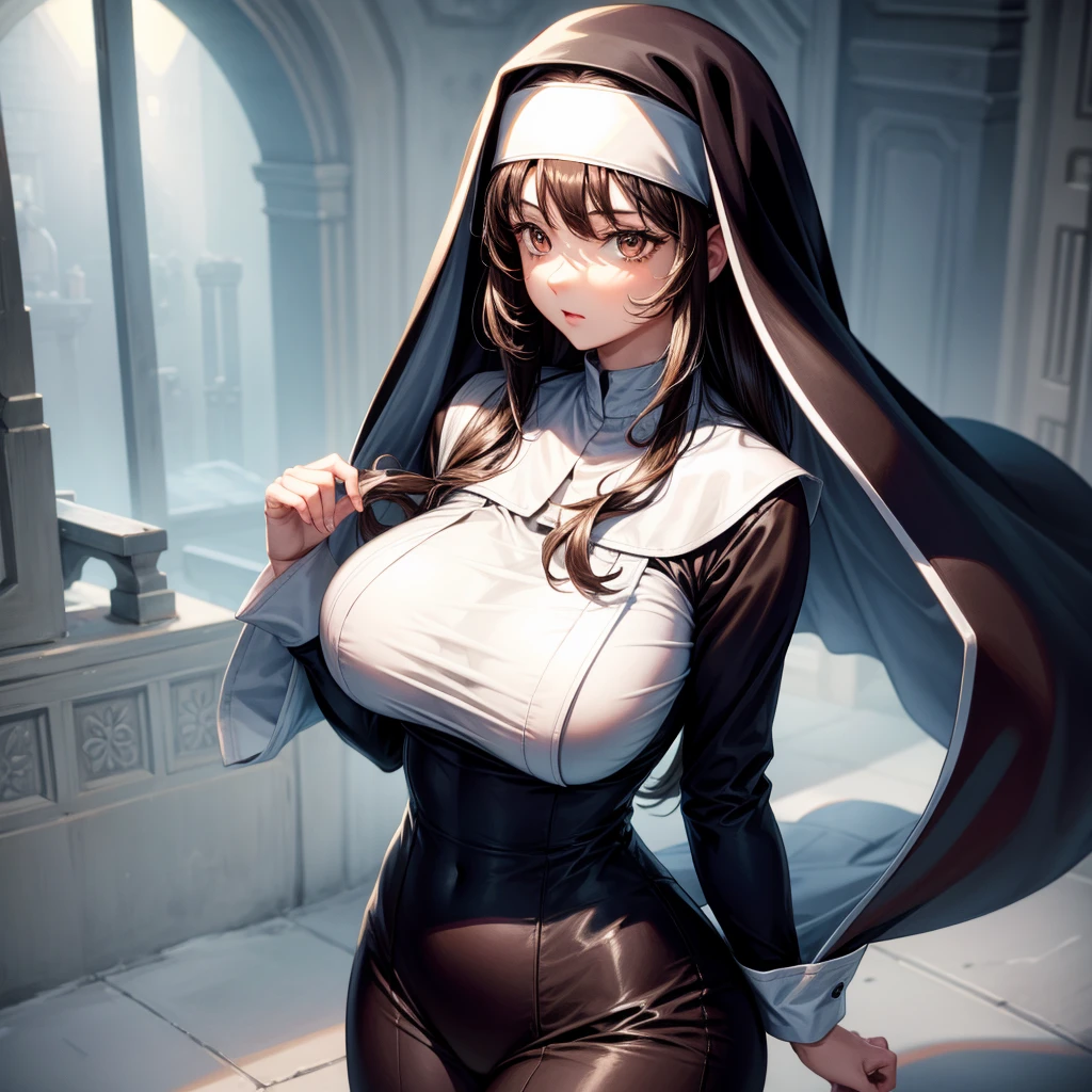 long dark hair / big  / brown eye /  nun outfit 